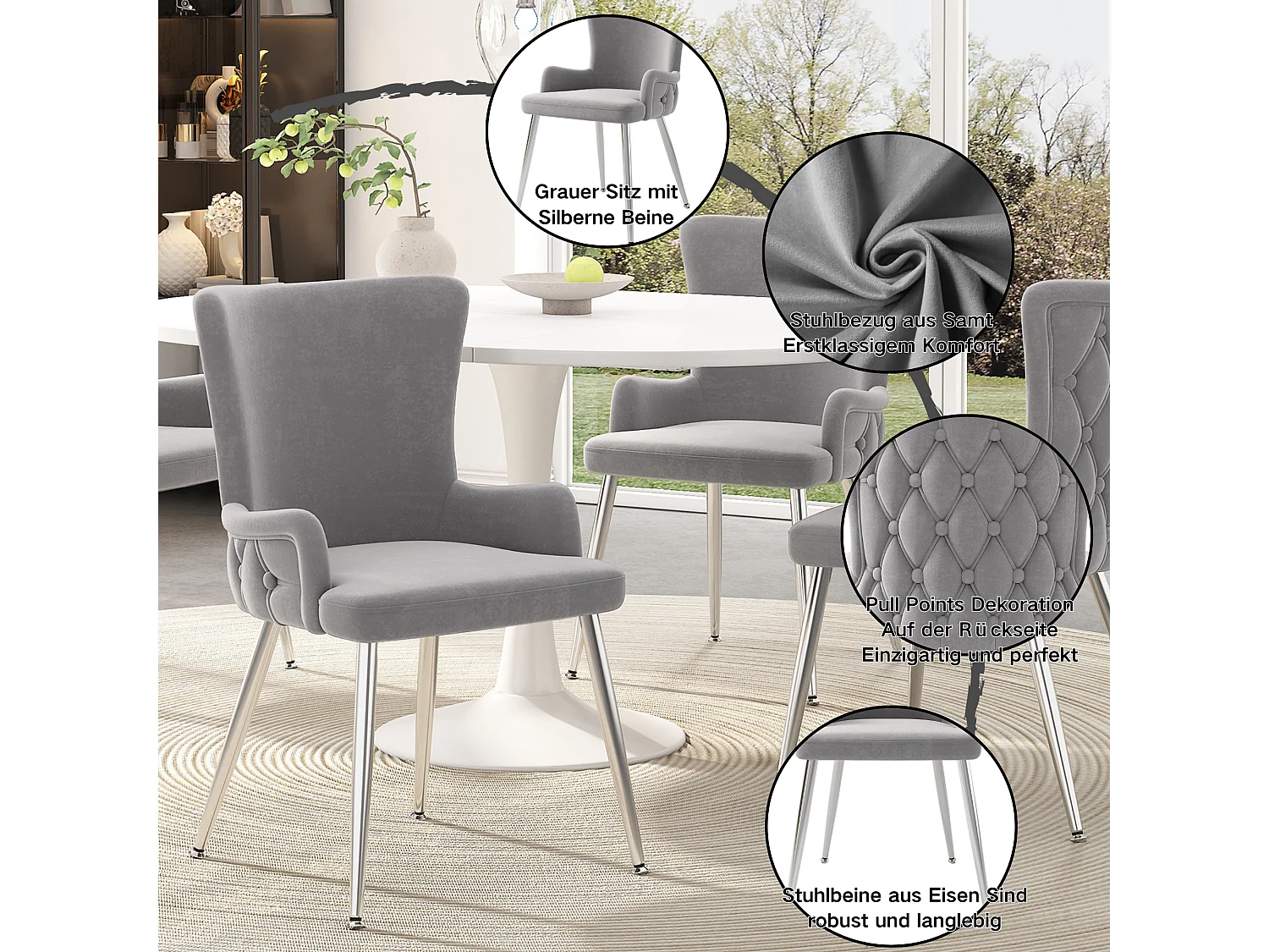 Fauteuil de salle à manger, 2 pièces, en velours, avec pieds métalliques argentés, gris (62.87x58.42x55.88 cm)