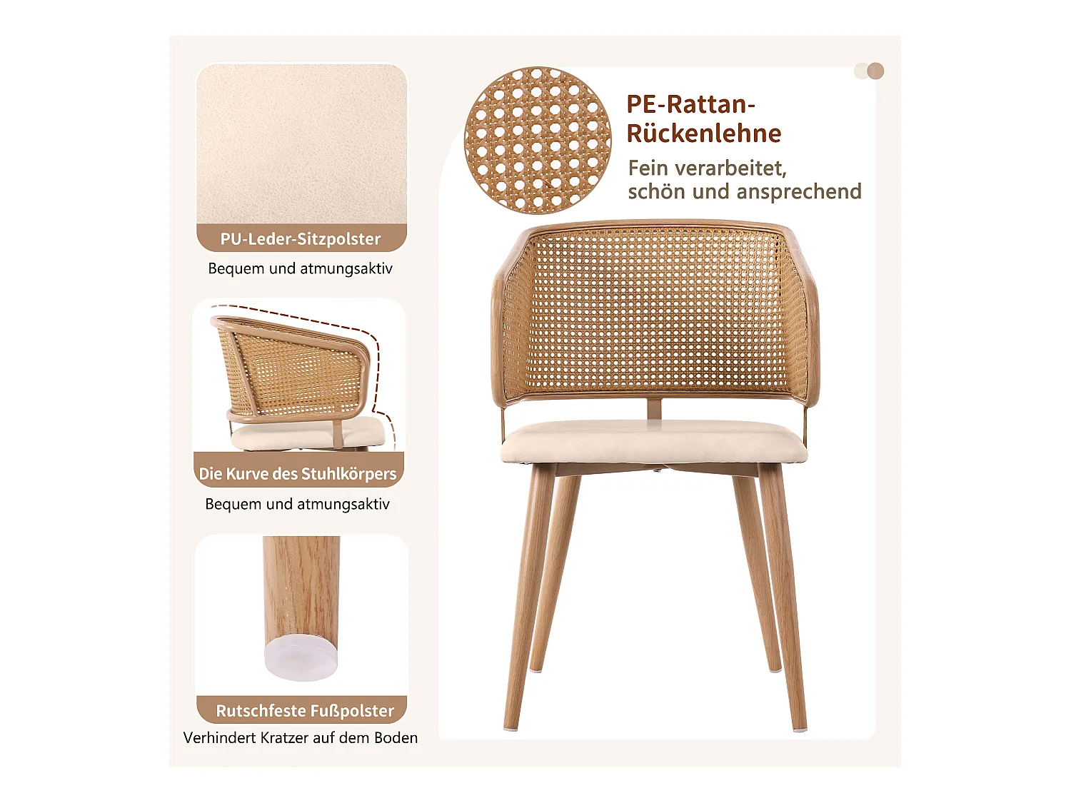 4 chaises de salle à manger, dossier en rotin, assise en PU, ergonomique, métal, beige (47x51x79 cm)