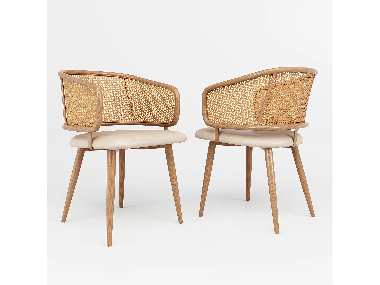 4 chaises de salle à manger, dossier en rotin, assise en PU, ergonomique, métal, beige (47x51x79 cm)