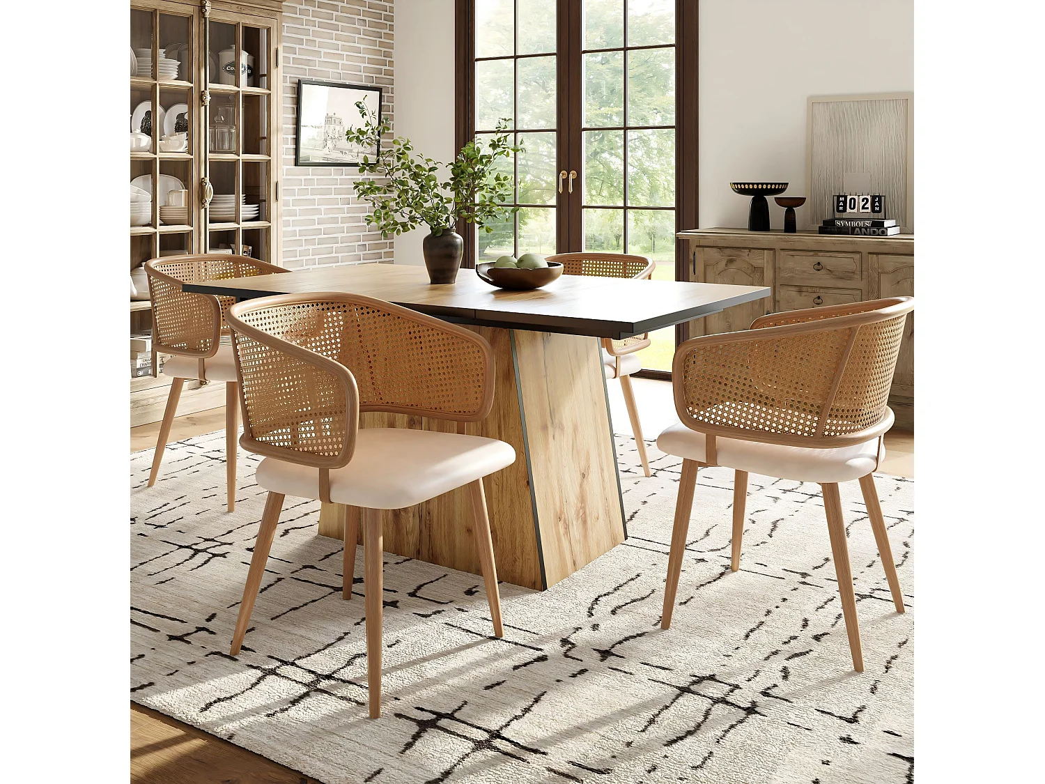 4 chaises de salle à manger, dossier en rotin, assise en PU, ergonomique, métal, beige (47x51x79 cm)