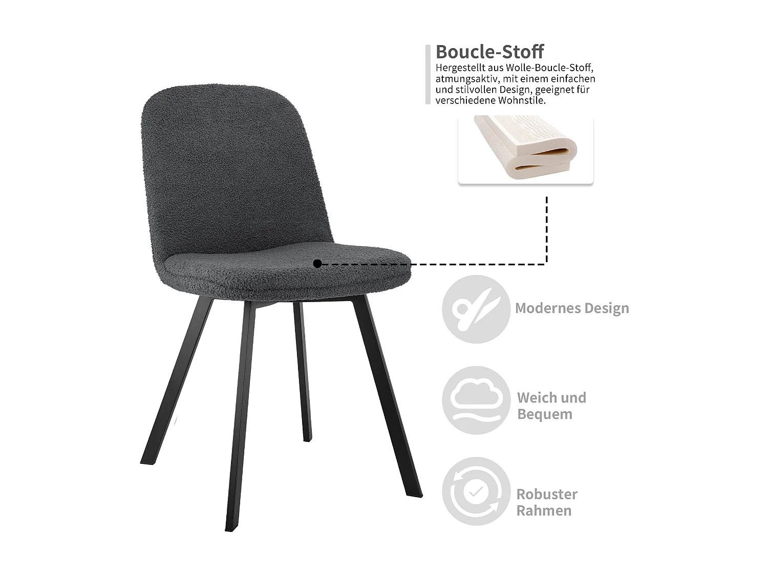 Set di 2 sedie da pranzo, tessuto in pile, struttura in metallo, grigio (44x41x89 cm)