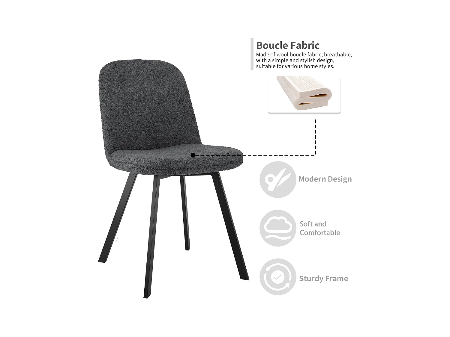 Set van 2 eetkamerstoelen, pluche-fleece stof, metalen frame, grijs (44x41x89 cm)