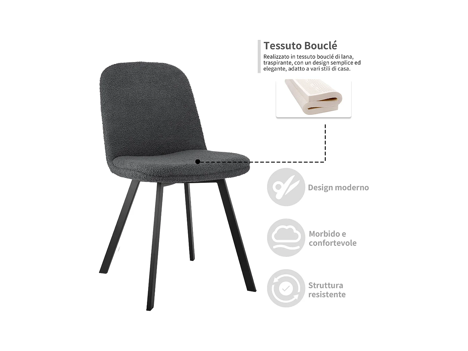 Set van 2 eetkamerstoelen, pluche-fleece stof, metalen frame, grijs (44x41x89 cm)