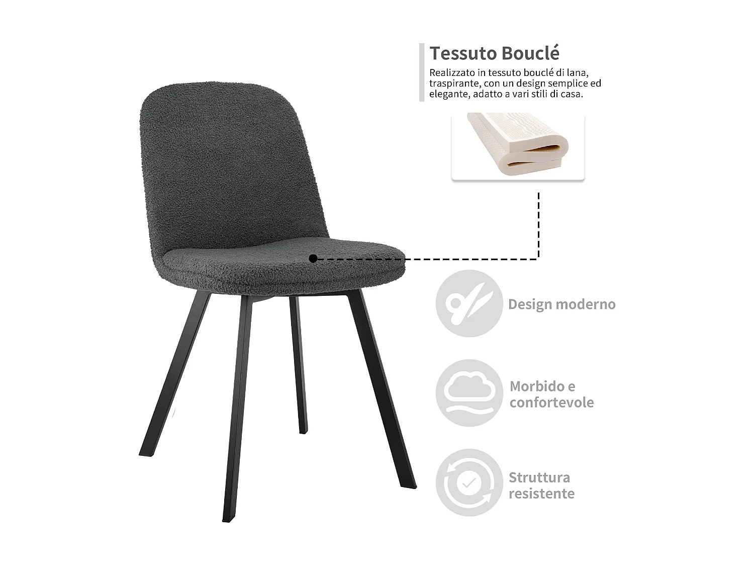 Lot de 2 chaises de salle à manger, tissu Tissu peluche-fleece, structure métallique, gris (44x41x89 cm)