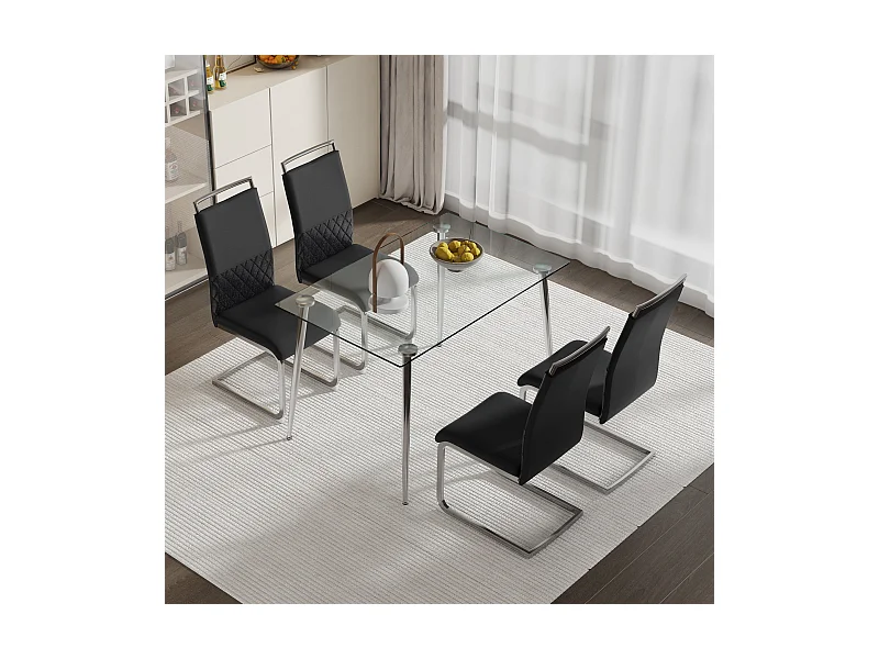 Set van 4 moderne eetkamerstoelen, rugleuning van PU en linnen, hoge rugleuning met vulling, gestreept design, zwart (42x48x95 cm)