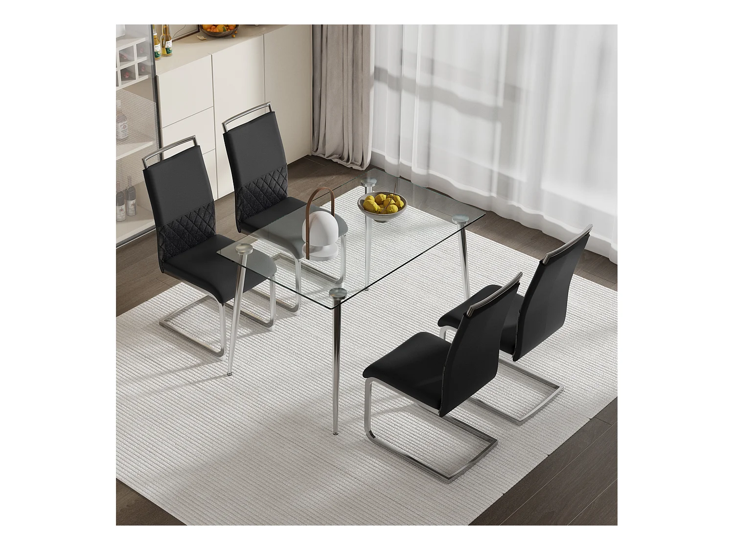 Lot de 4 chaises modernes pour salle à manger, dossier en PU et lin, haut dossier rembourré, design à rayures, noir (42x48x95 cm)