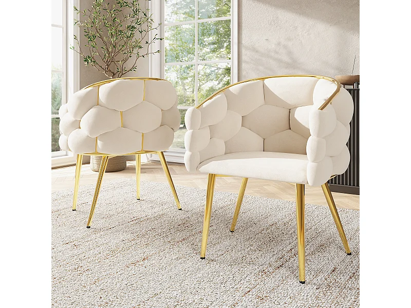 Luxe fluwelen stoelen (2 stuks), moderne stoelen, gouden metalen poten, beige (44x41x74 cm)
