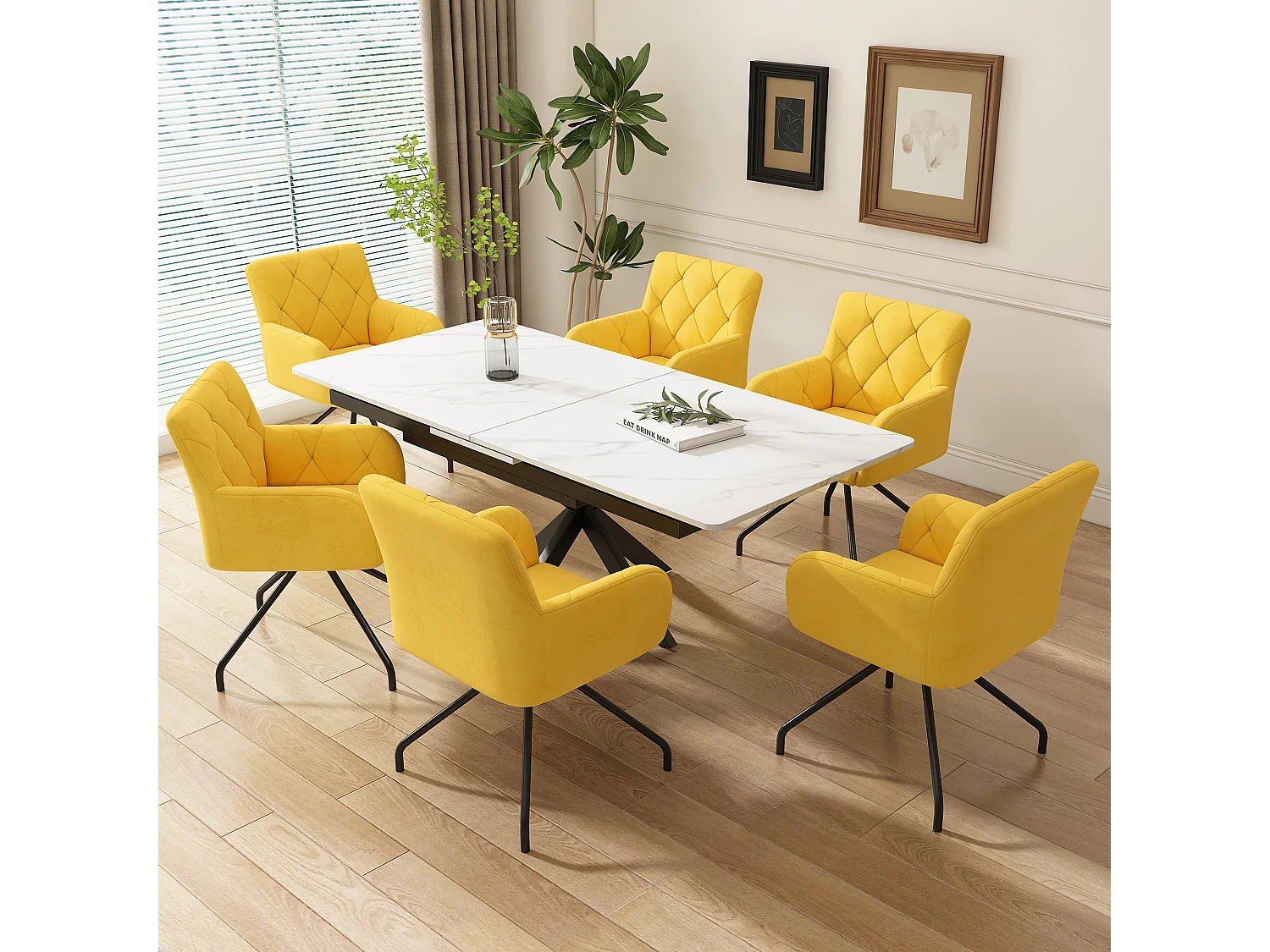 Set Di 8 Sedie Da Pranzo Moderne In Tessuto Lino Cachi - Imbottite Con Gambe In Metallo Nero