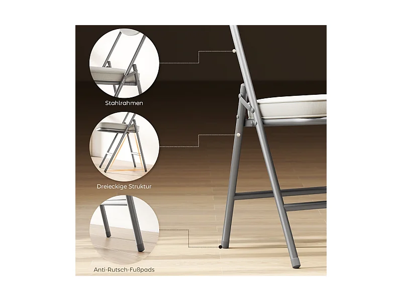 Opvouwbare stoel met gewatteerde rugleuning, set van 4 stoelen, metalen frame, crèmekleur, (48,5x45x82 cm)