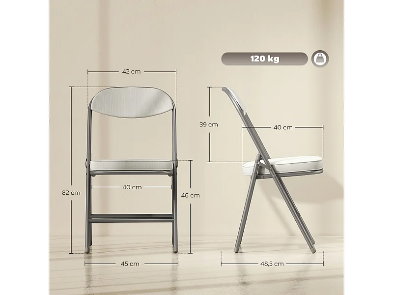 Chaise pliante avec dossier rembourré, ensemble de 4 chaises, structure en métal, coloris crème, (48.5x45x82 cm)