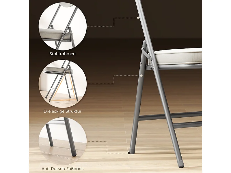 Chaise pliante avec dossier rembourré, ensemble de 4 chaises, structure en métal, coloris crème, (48.5x45x82 cm)