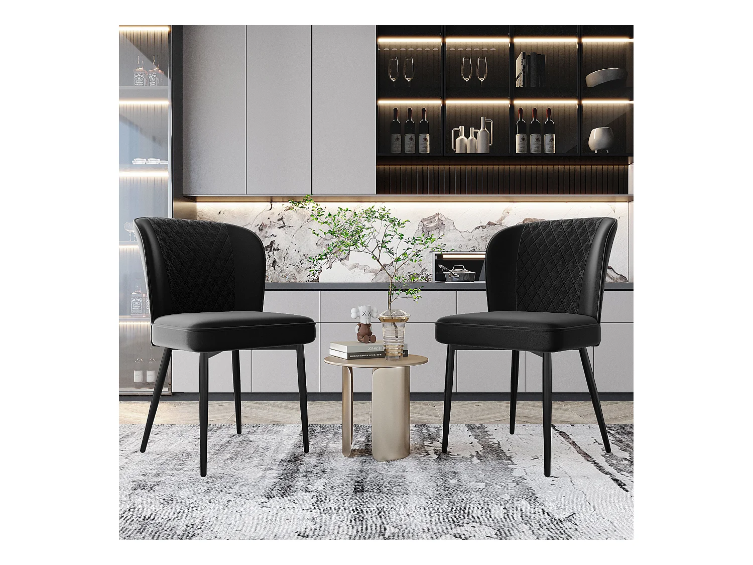 Moderne eetkamerstoel, zwart fluweel, met metalen poten, set van 2 (47x43x86 cm)