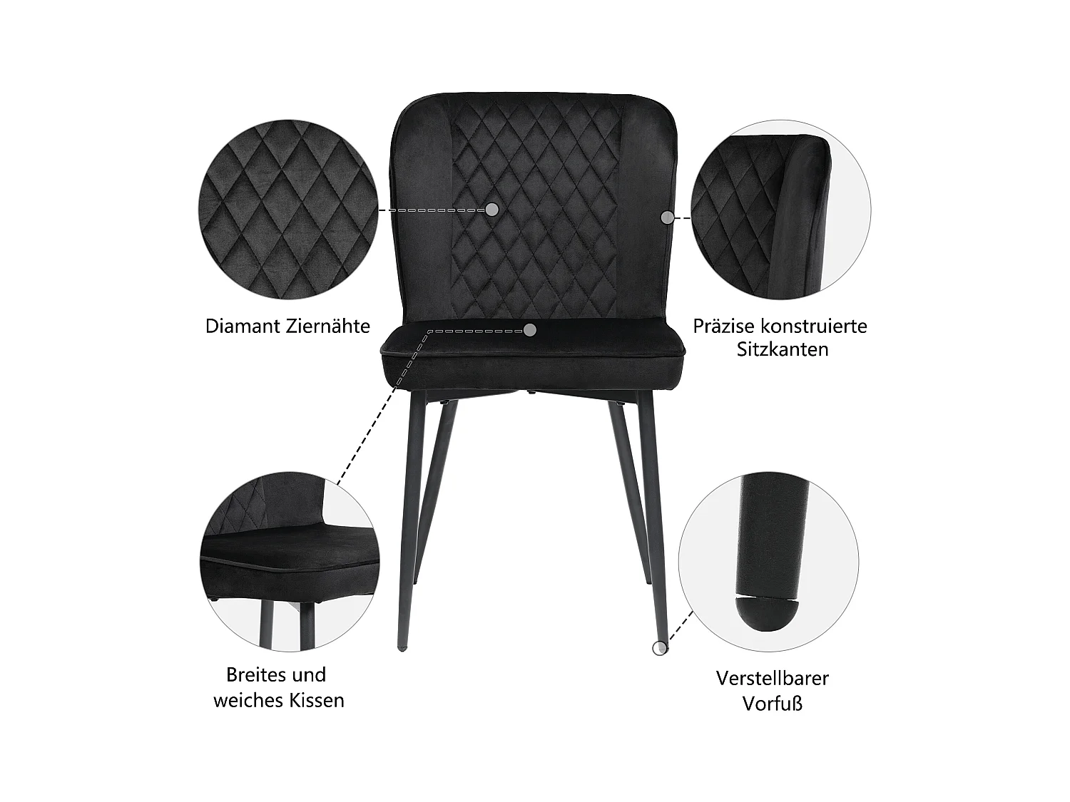 Moderne eetkamerstoel, zwart fluweel, met metalen poten, set van 2 (47x43x86 cm)