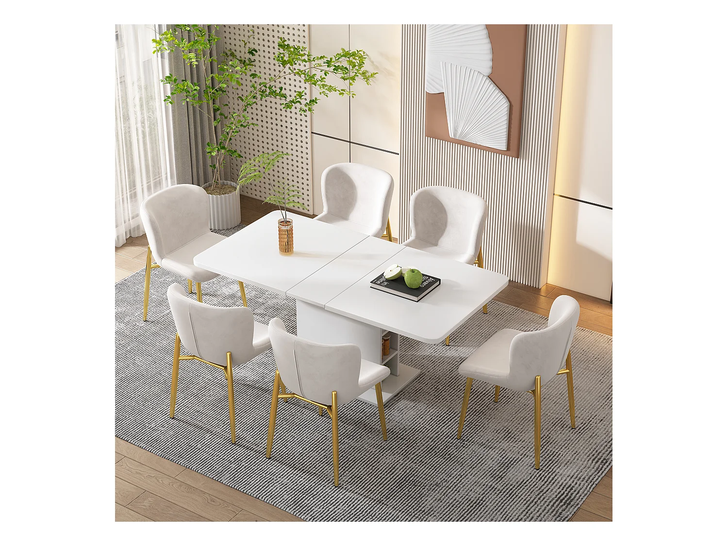 Silla de comedor de 4 piezas de terciopelo con patas de metal, color beige