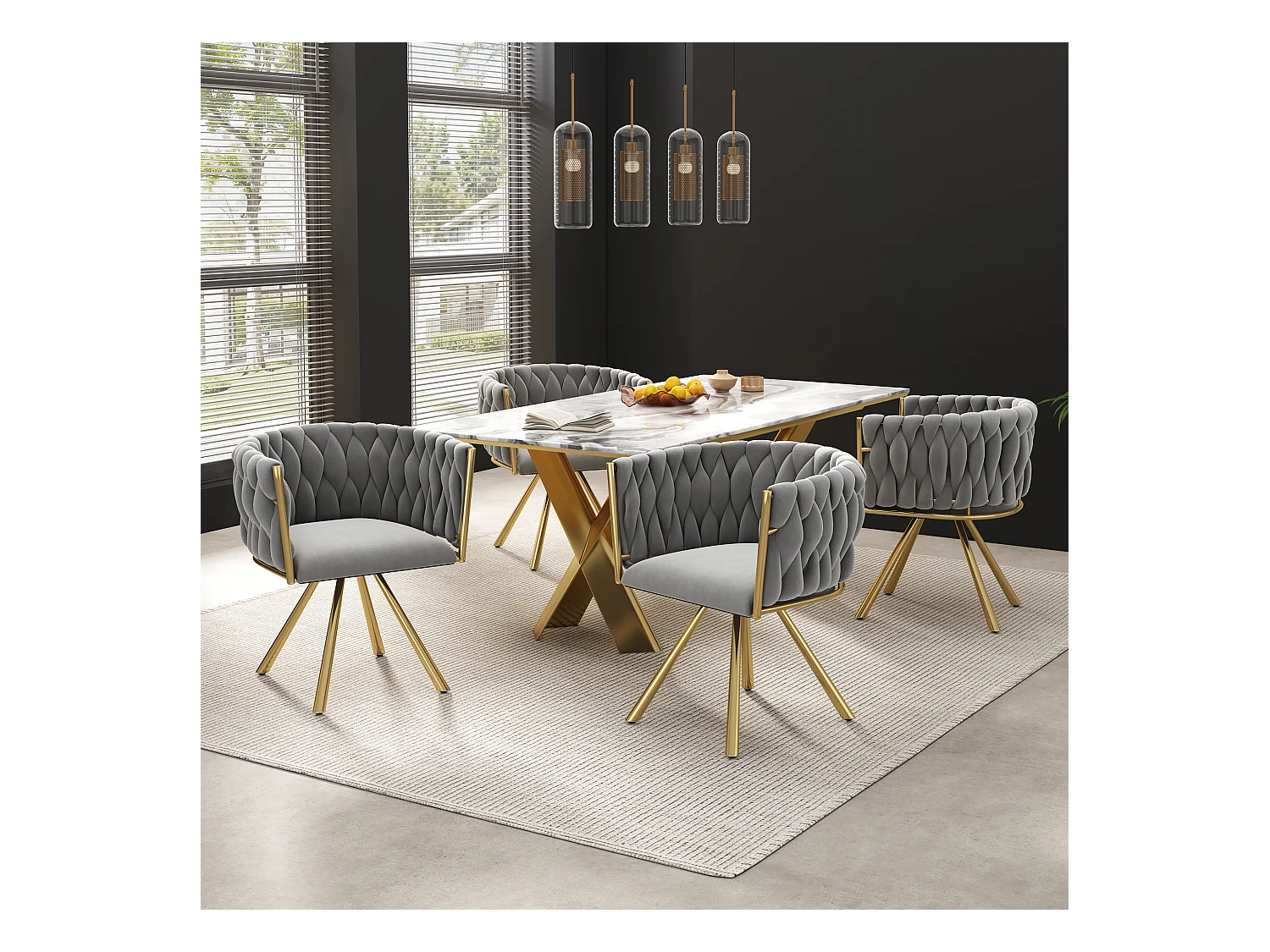 Chaise de salle à manger en velours, 4 pièces, design moderne, métal doré, gris (50x45x91 cm)