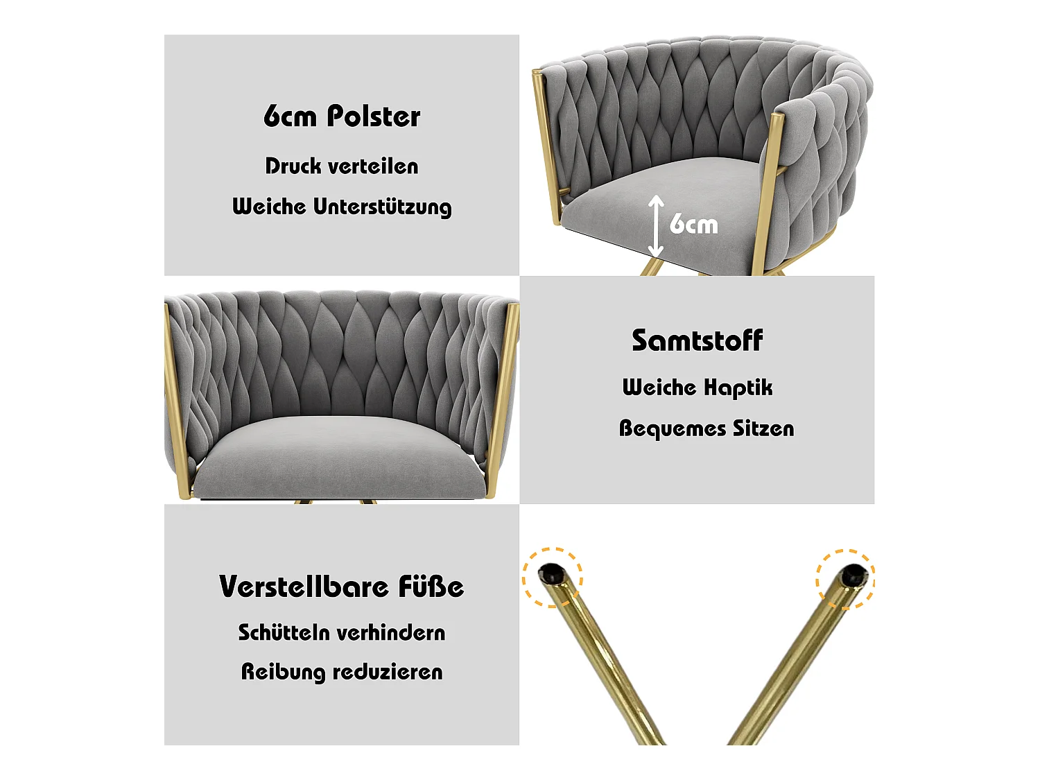 Chaise de salle à manger en velours, 4 pièces, design moderne, métal doré, gris (50x45x91 cm)