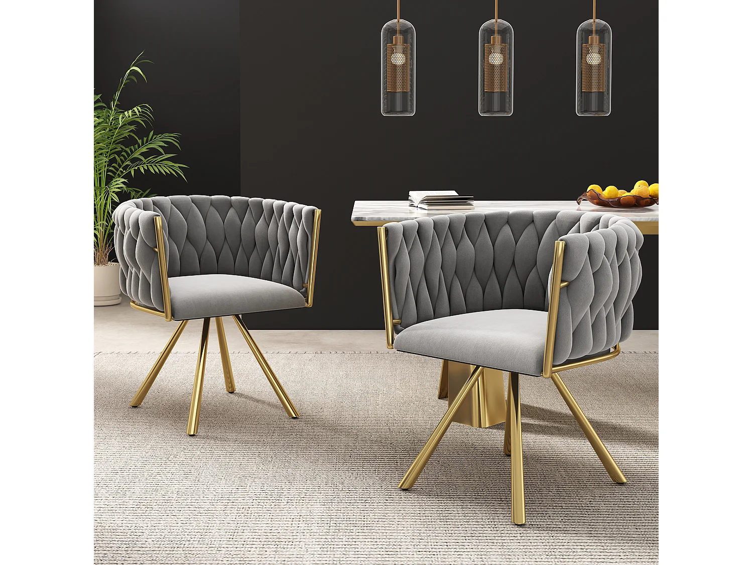 Chaise de salle à manger en velours, 4 pièces, design moderne, métal doré, gris (50x45x91 cm)