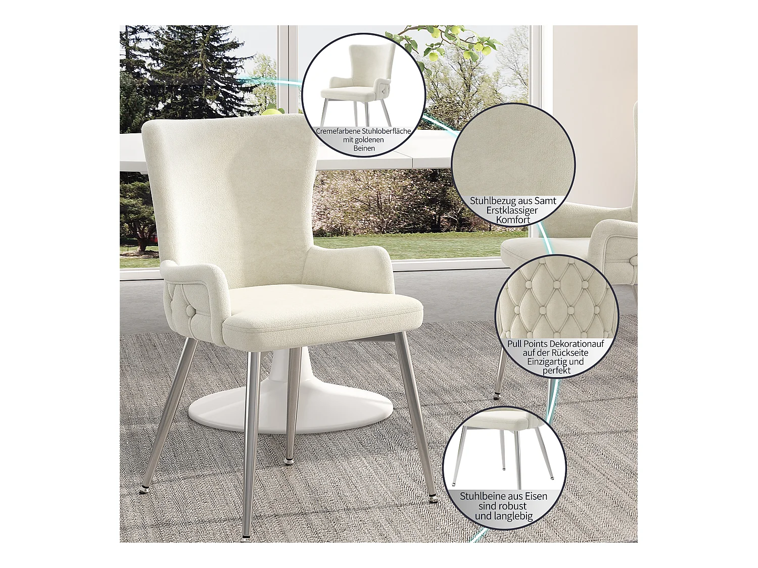 Fauteuil de salle à manger, 2 pièces, en velours, avec pieds métalliques argentés, beige (62.87x58.42x55.88 cm)