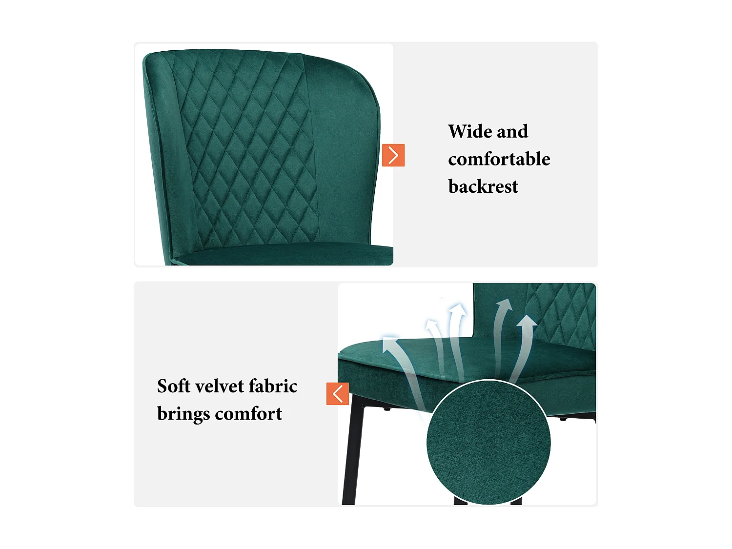 Chaise de salle à manger (2 unités), Design avec dossier, Assise en velours vert, Pieds en métal, 47x43x86 cm