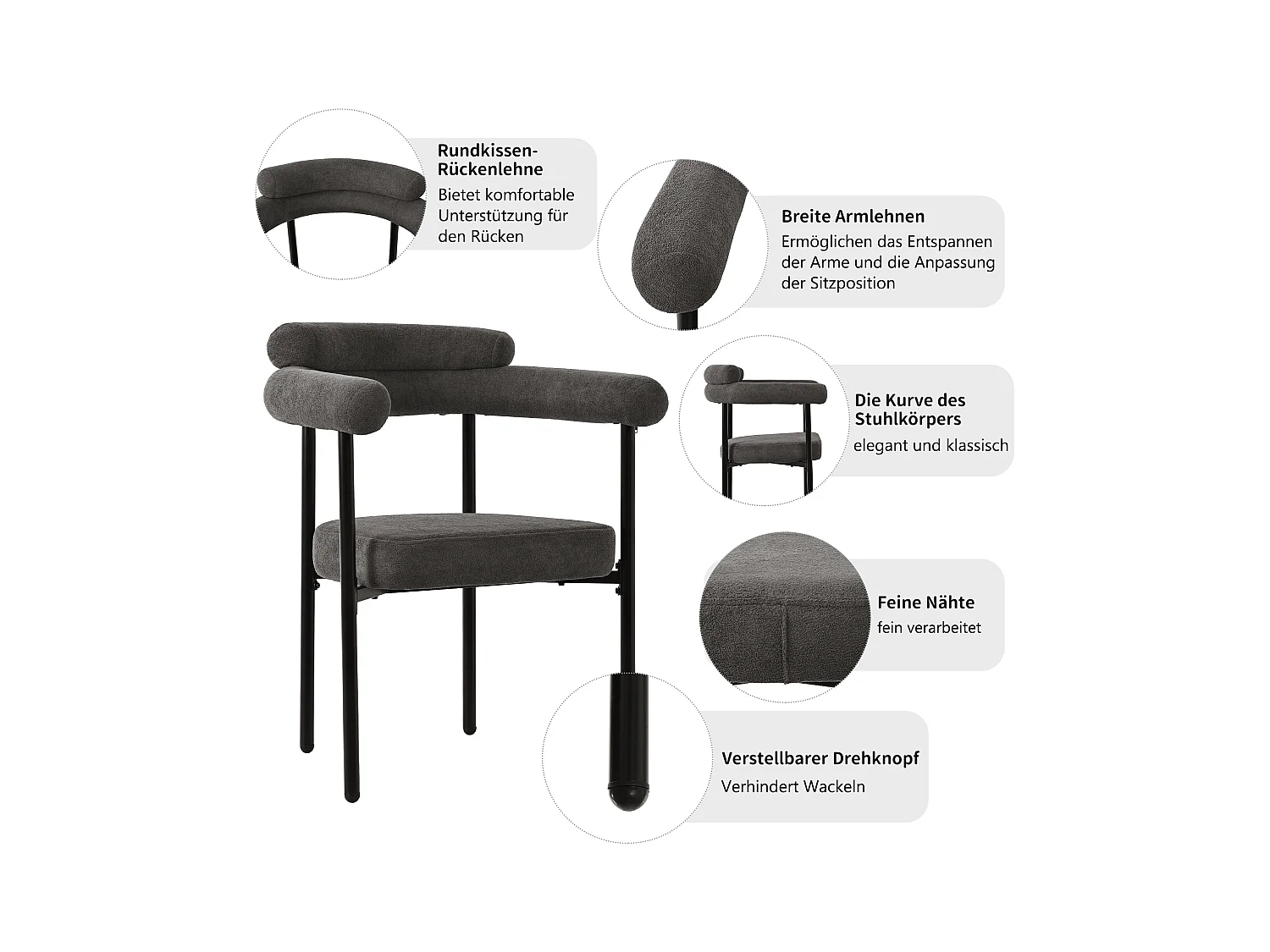 donkergrijze fluwelen eetkamerstoelen met metalen poten, comfortabel en modern design (70x62x84 cm)