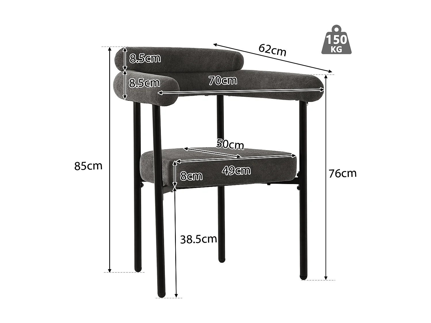4 Chaises de Salle à Manger en Velours Gris Foncé, Pieds en Métal, Design Confortable et Moderne (70x62x84 cm)