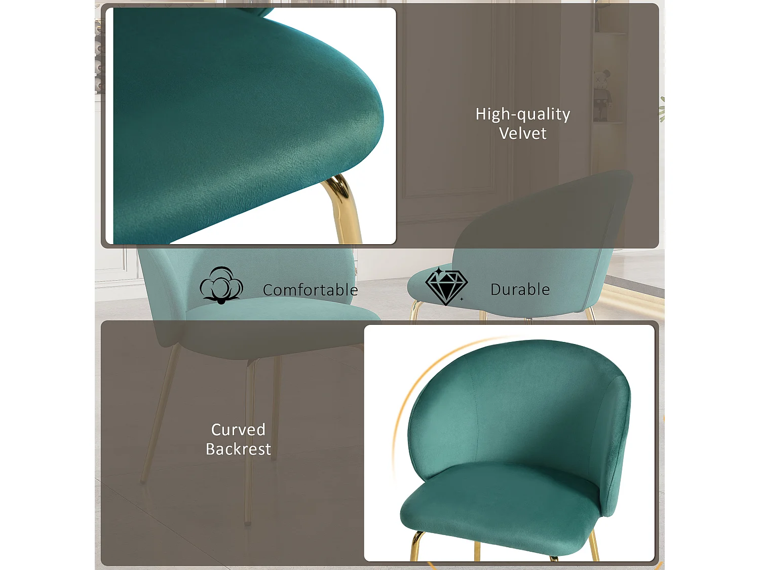 moderne eetkamerstoelen met armleuningen, fluwelen bekleding, gouden metalen poten, grijs (56x56x76 cm)