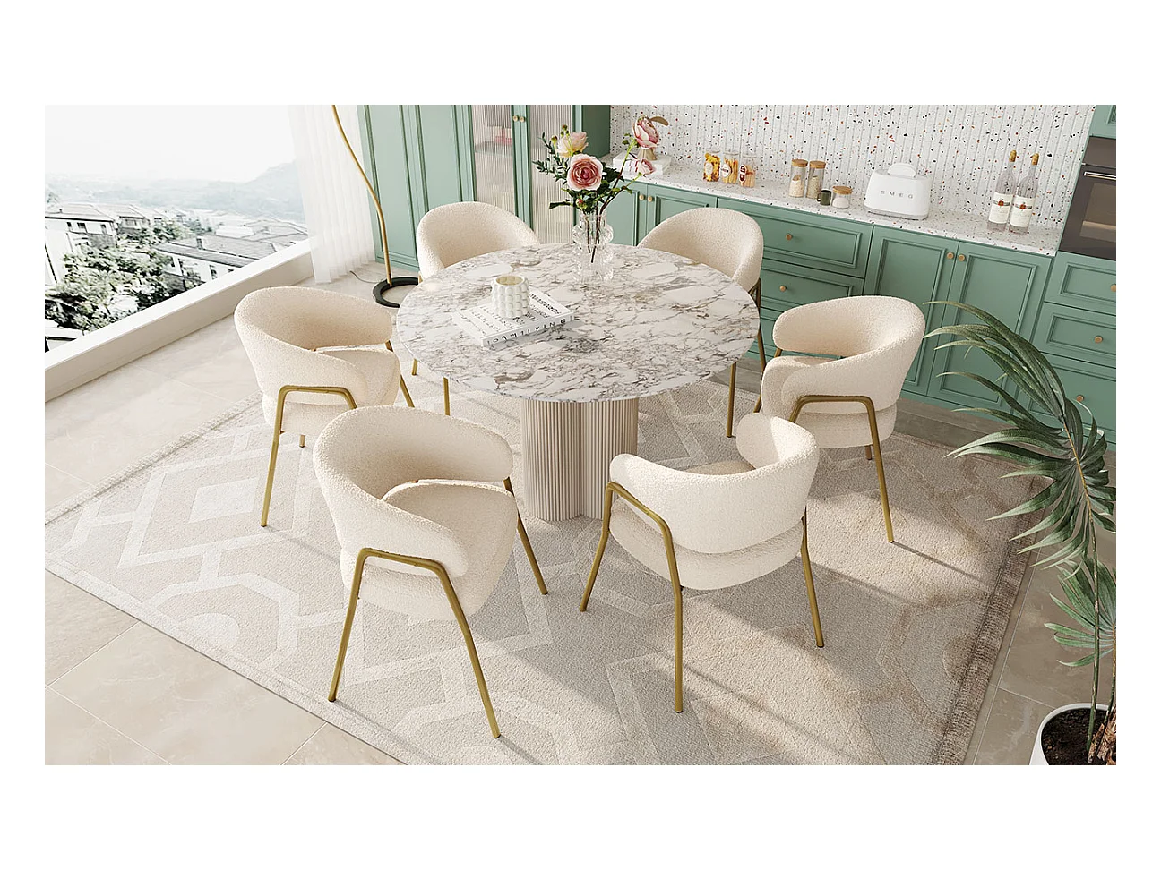 Sedia da pranzo in velluto bianco, design moderno, gambe in metallo dorato, set da 6 (49x48x78 cm)