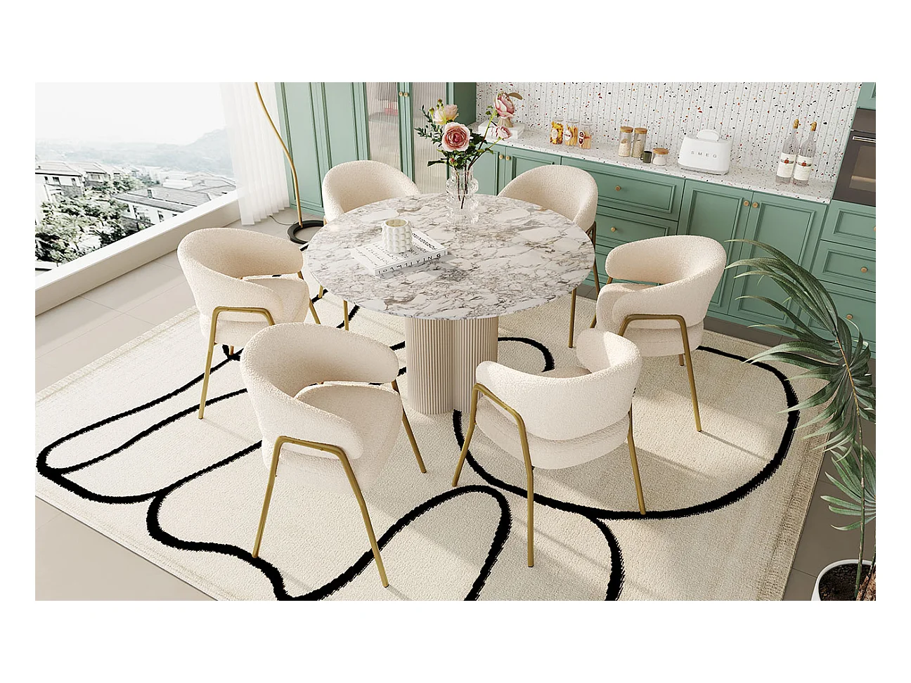 Sedia da pranzo in velluto bianco, design moderno, gambe in metallo dorato, set da 6 (49x48x78 cm)