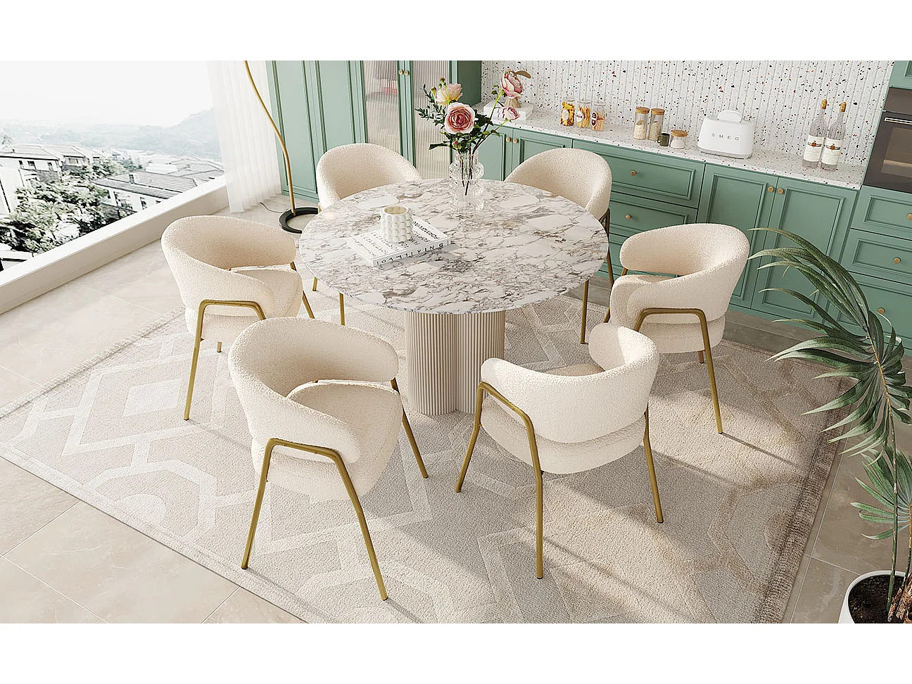 Chaise de salle à manger en velours blanc, design moderne, pieds en métal doré, lot de 6 (49x48x78 cm)