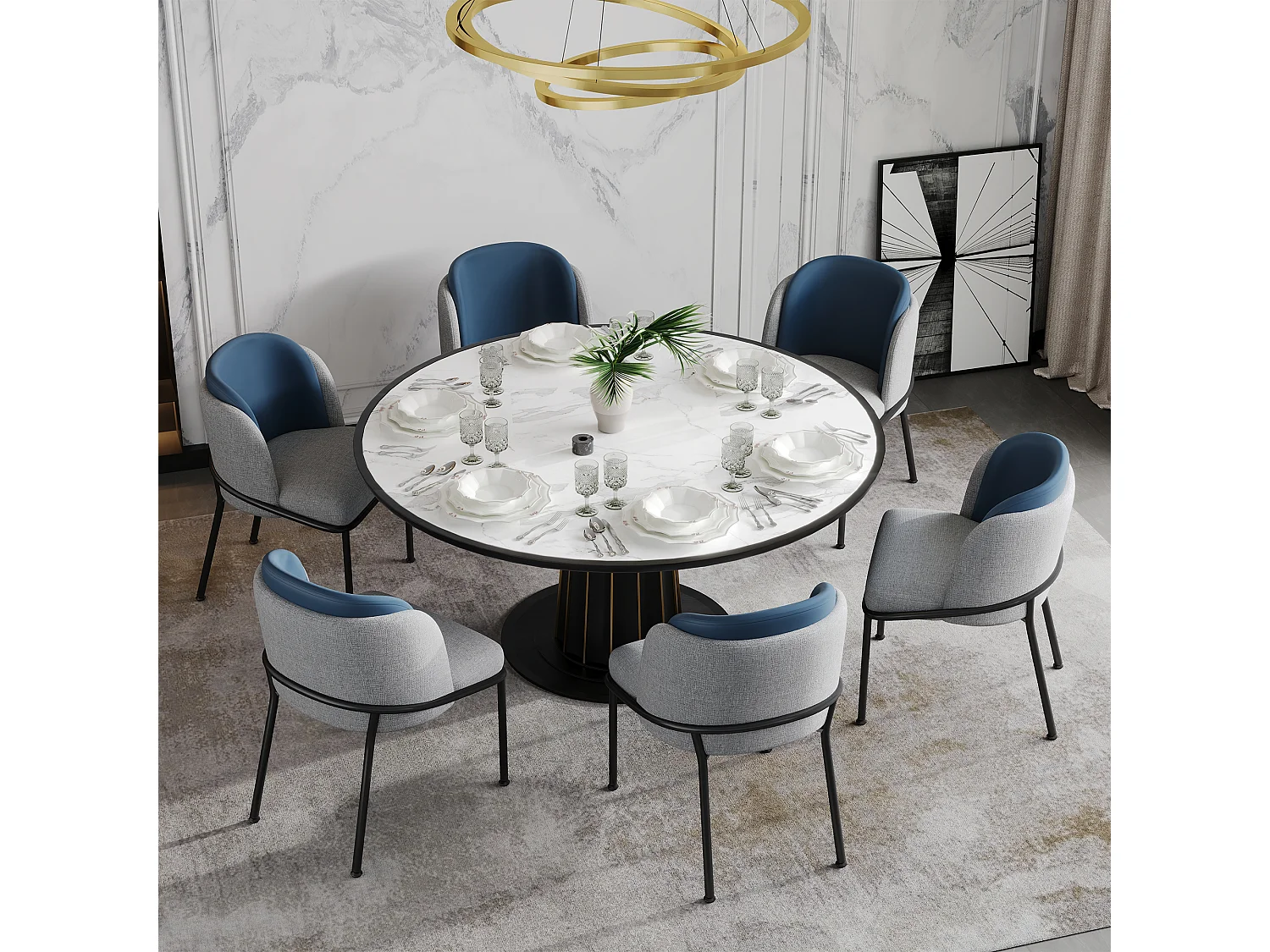 Sedia moderna con gambe regolabili, design scandinavo, metallo e legno, grigio e blu navy (55x55x85 cm)