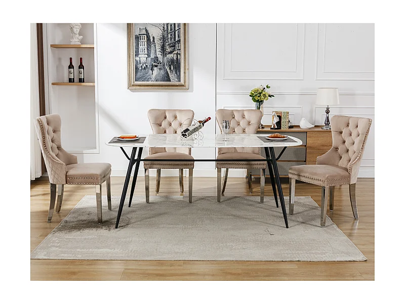 Sedie da pranzo, set da 4, campanello decorativo e chiodi, gambe in metallo, velluto beige (53x62,5x94,5 cm)
