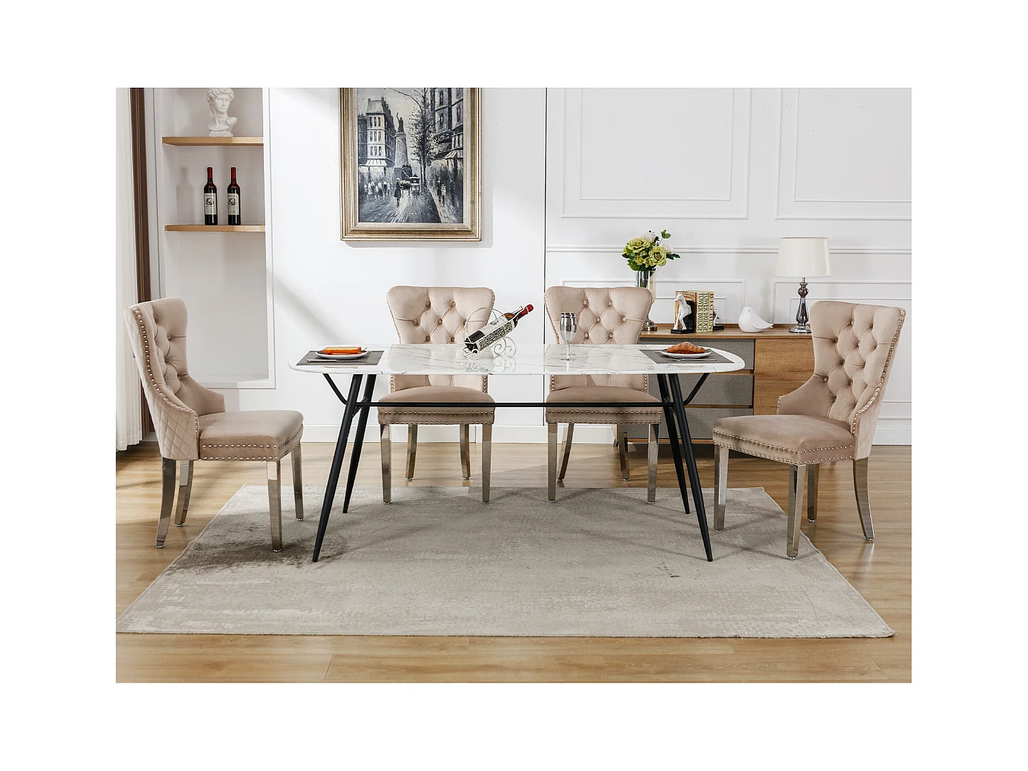 Sedie da pranzo, set da 4, campanello decorativo e chiodi, gambe in metallo, velluto beige (53x62,5x94,5 cm)