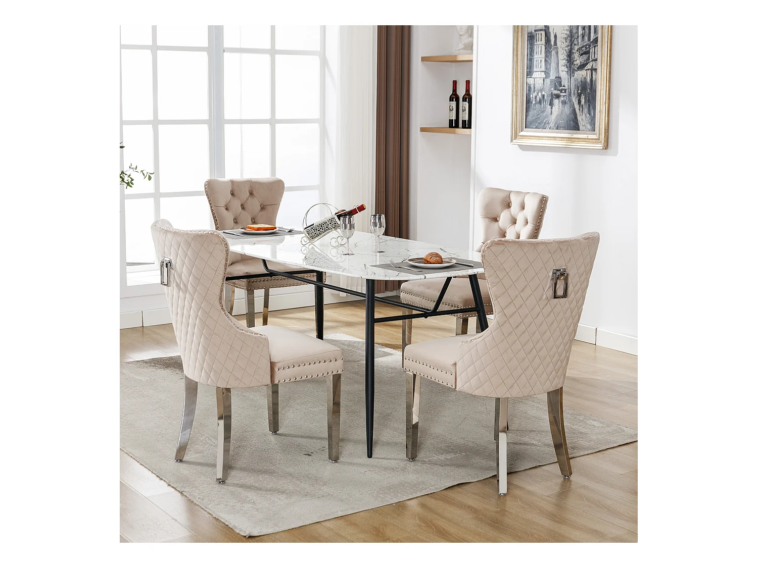 Sedie da pranzo, set da 4, campanello decorativo e chiodi, gambe in metallo, velluto beige (53x62,5x94,5 cm)