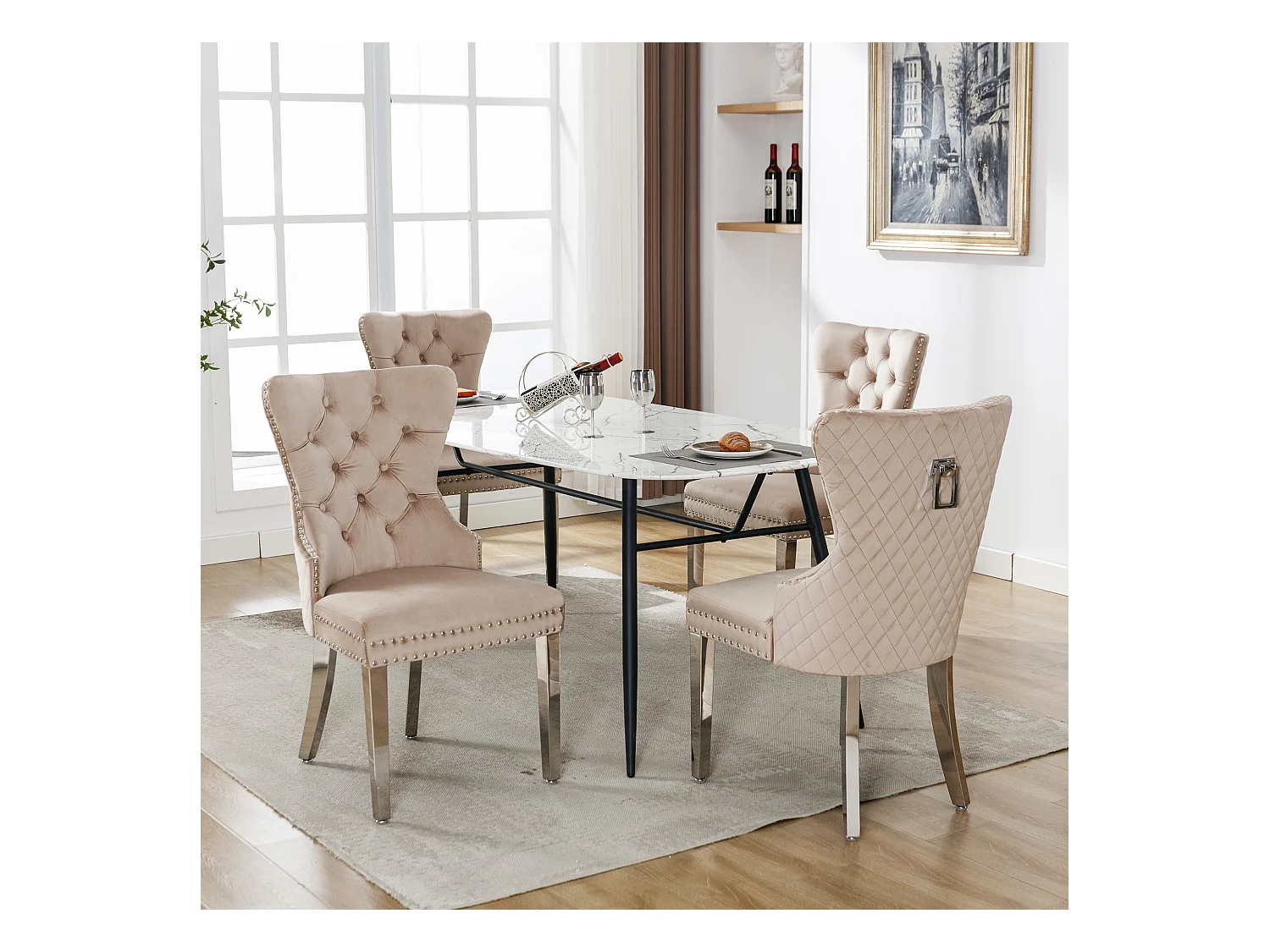 Sedie da pranzo, set da 4, campanello decorativo e chiodi, gambe in metallo, velluto beige (53x62,5x94,5 cm)