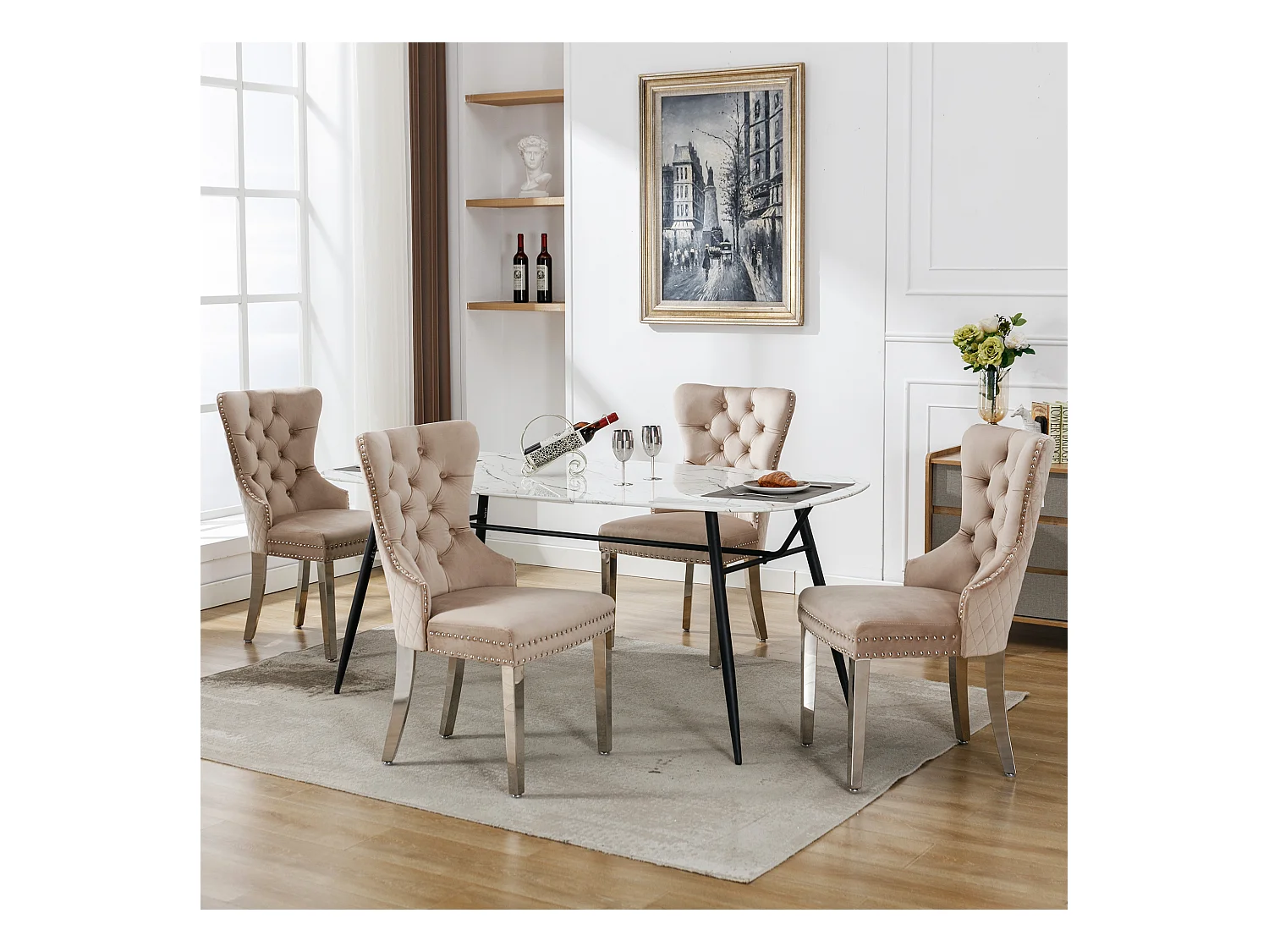 Sedie da pranzo, set da 4, campanello decorativo e chiodi, gambe in metallo, velluto beige (53x62,5x94,5 cm)