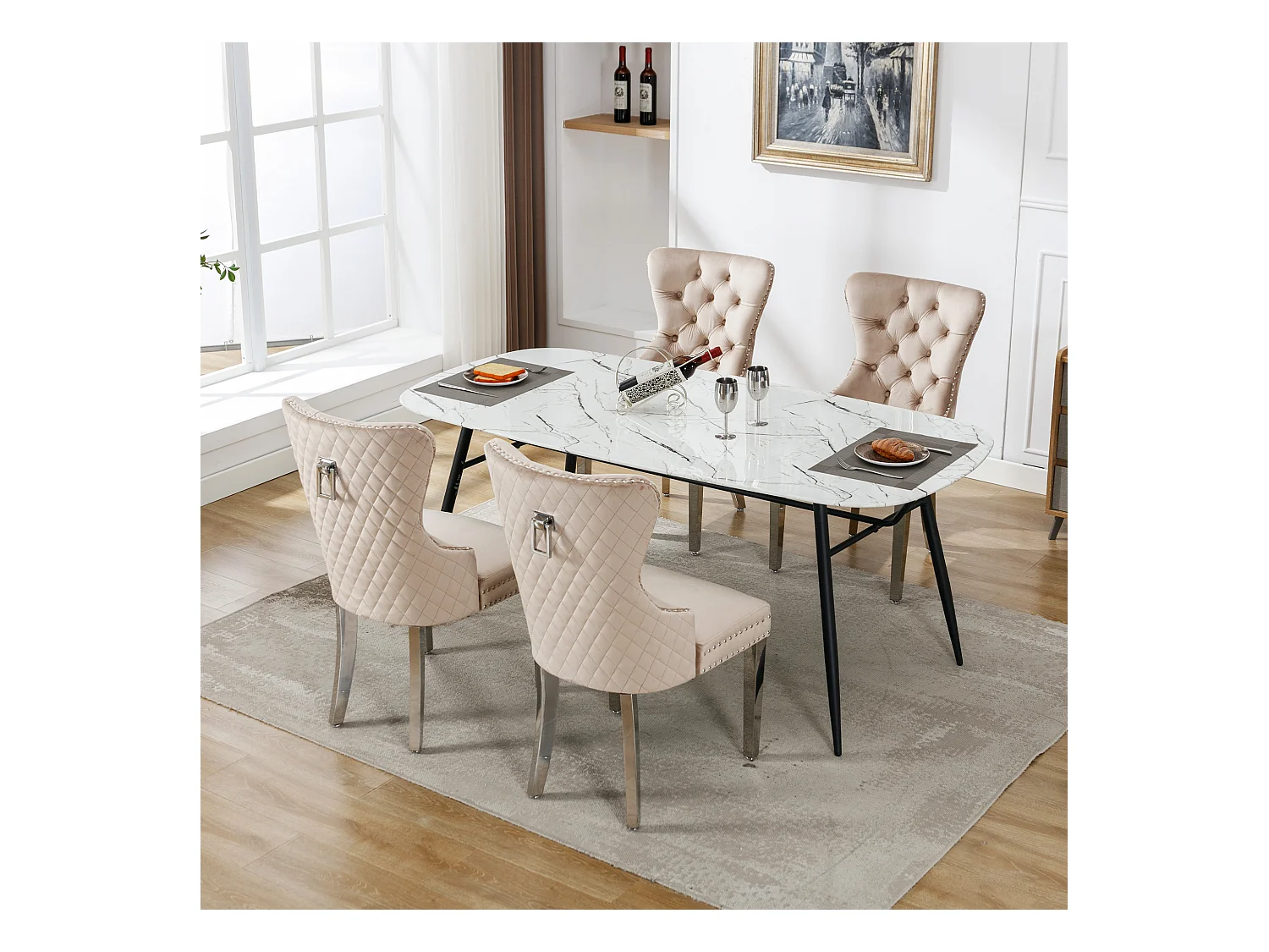 Sedie da pranzo, set da 4, campanello decorativo e chiodi, gambe in metallo, velluto beige (53x62,5x94,5 cm)