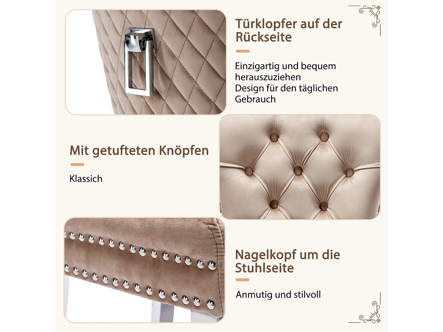 Sedie da pranzo, set da 4, campanello decorativo e chiodi, gambe in metallo, velluto beige (53x62,5x94,5 cm)