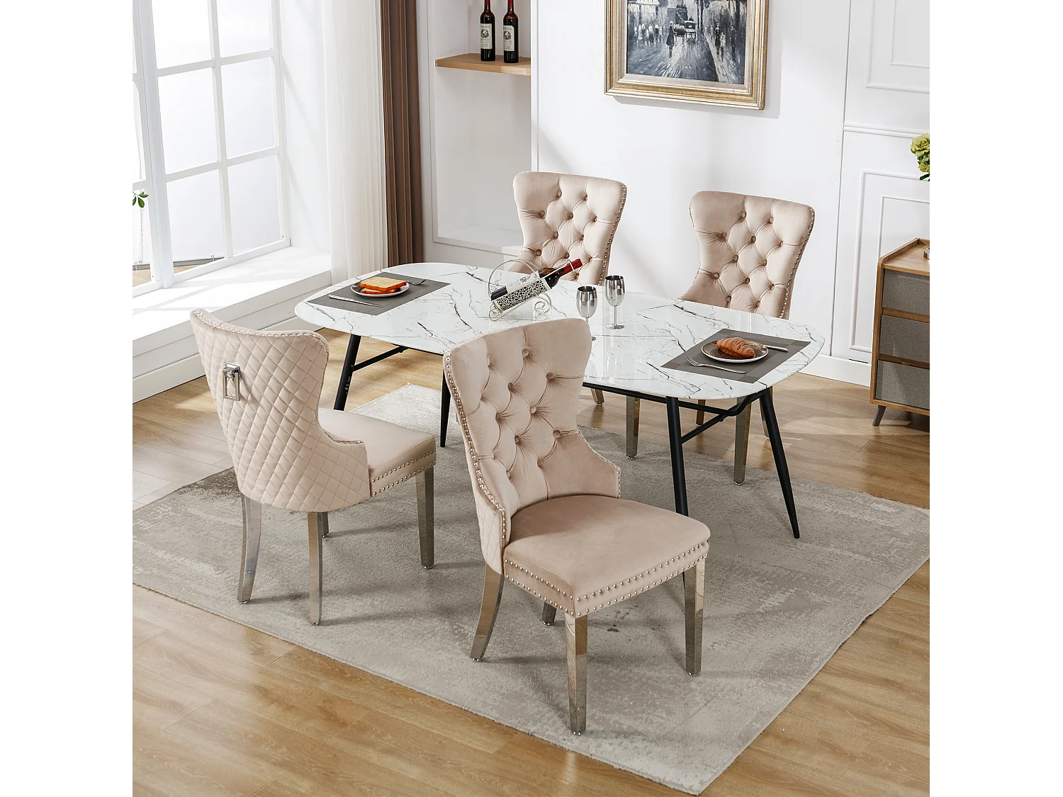 Chaises de salle à manger, Lot de 4, cloche décorative et clous décoratifs, pieds en métal, velours beige (53x62.5x94.5 cm)