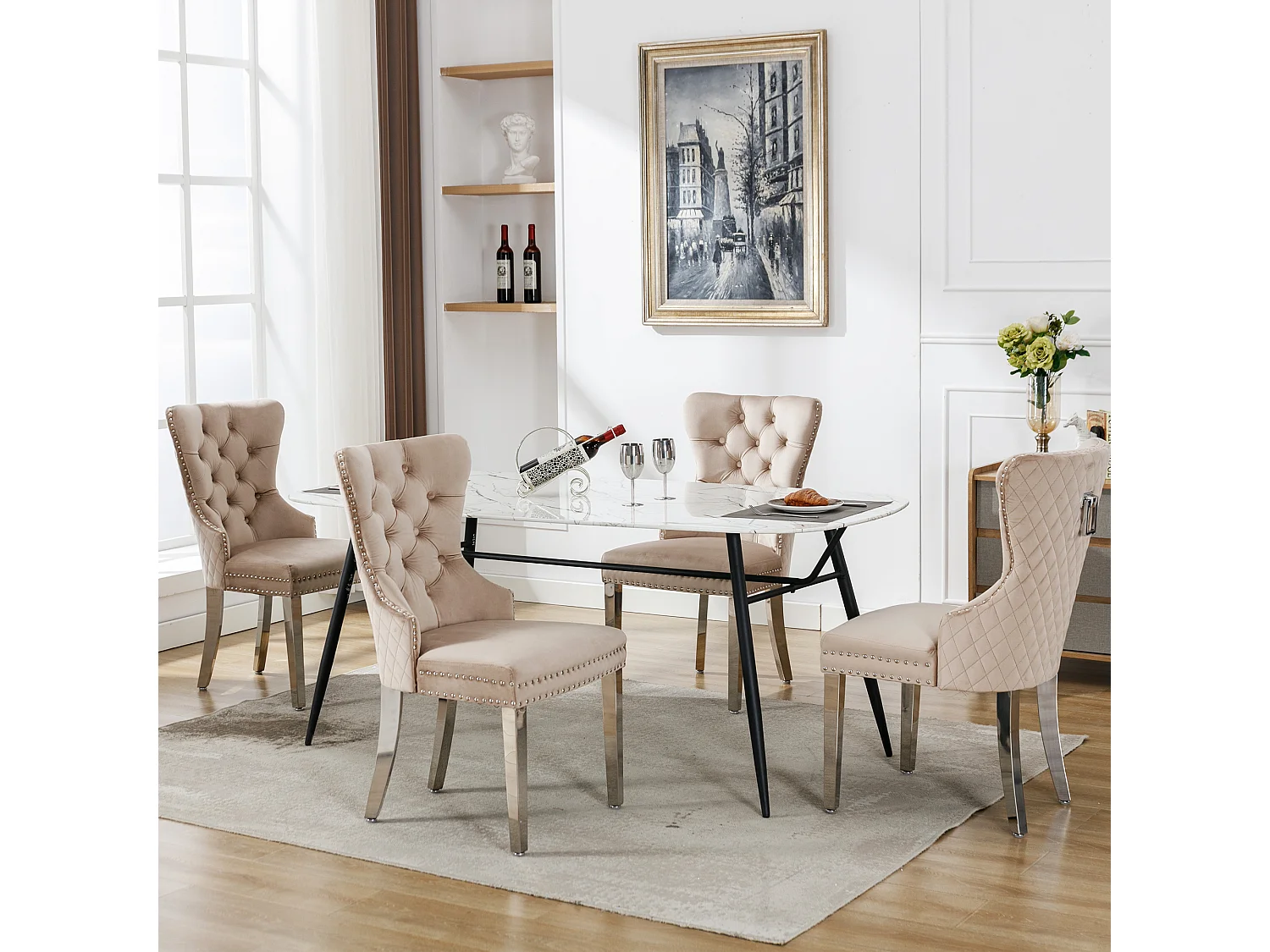 Chaises de salle à manger, Lot de 4, cloche décorative et clous décoratifs, pieds en métal, velours beige (53x62.5x94.5 cm)
