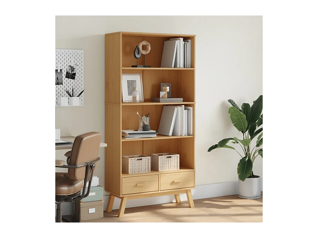 Bibliothèque à 4 niveaux OLDEN marron bois de pin massif