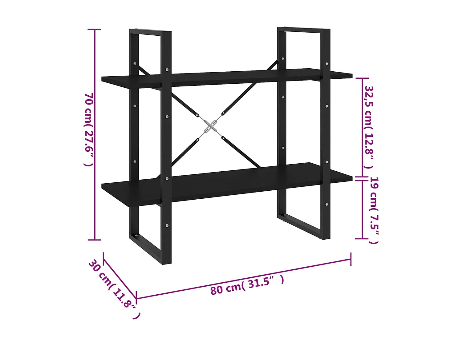 Librería de 2 niveles Negra 80x30x70 cm madera de ingeniería