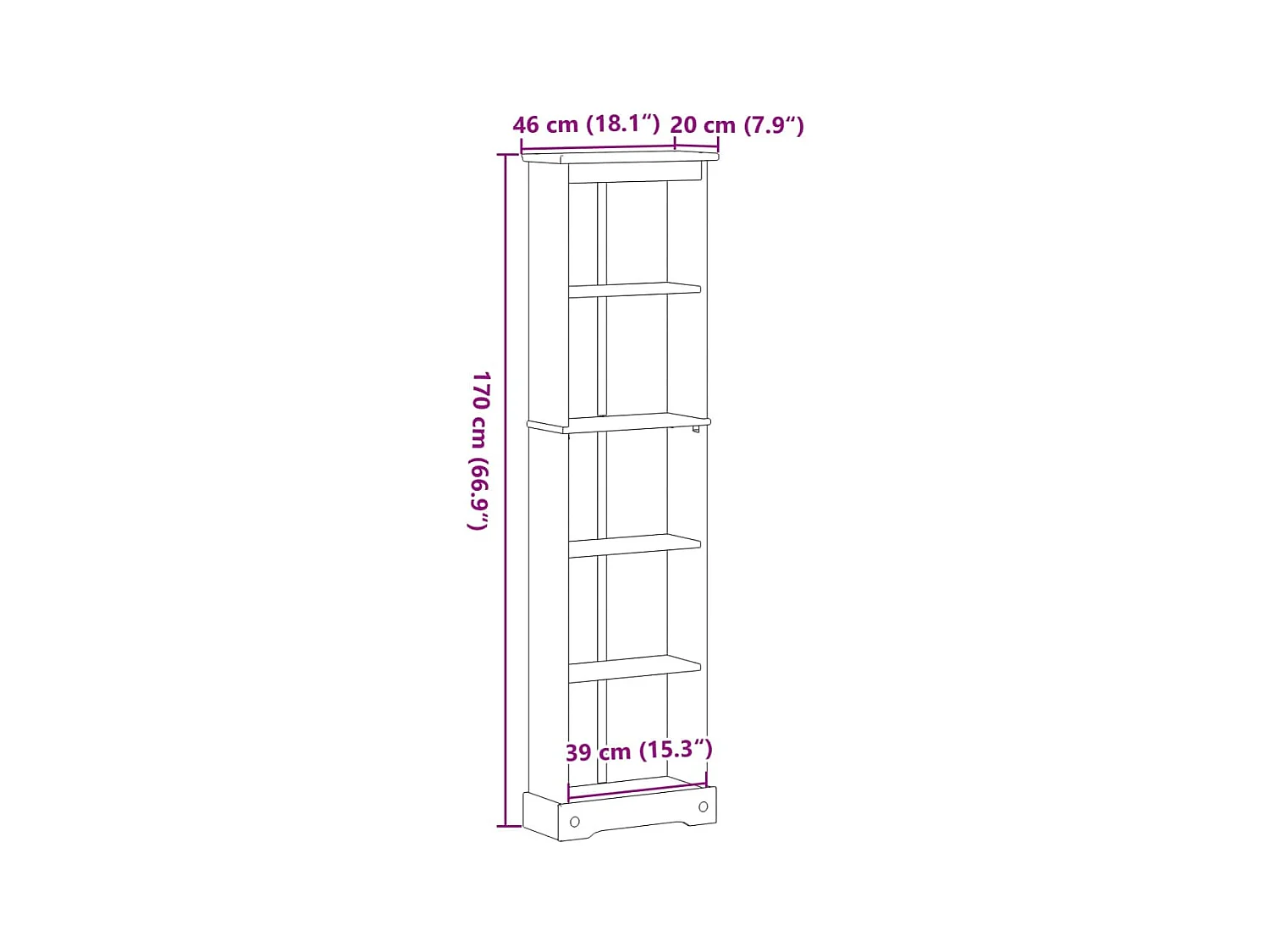 Libreria Corona 46x20x170 cm in legno massello di pino