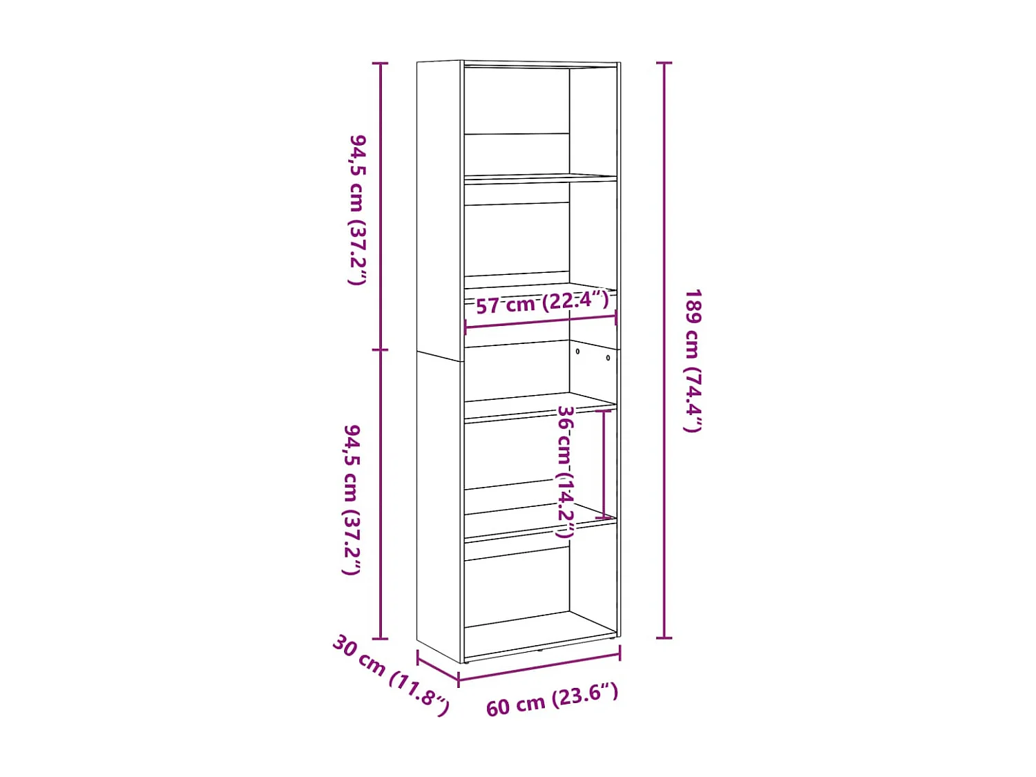 Weißes Bücherregal 60x30x189 cm Holzwerkstoff