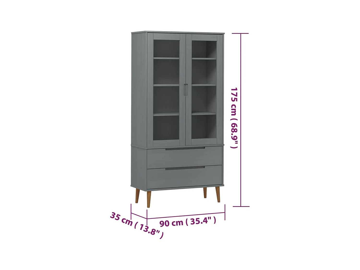 Armoire à vitrine MOLDE Gris 90x35x175 cm Bois de pin massif