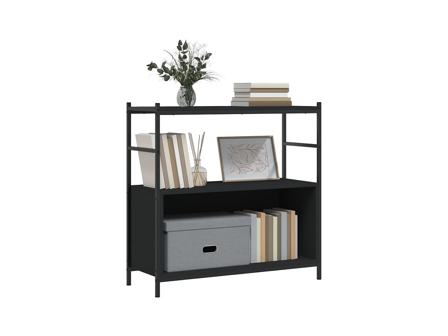 Bibliothèque noir 80x30x78,5 cm bois d'ingénierie et fer