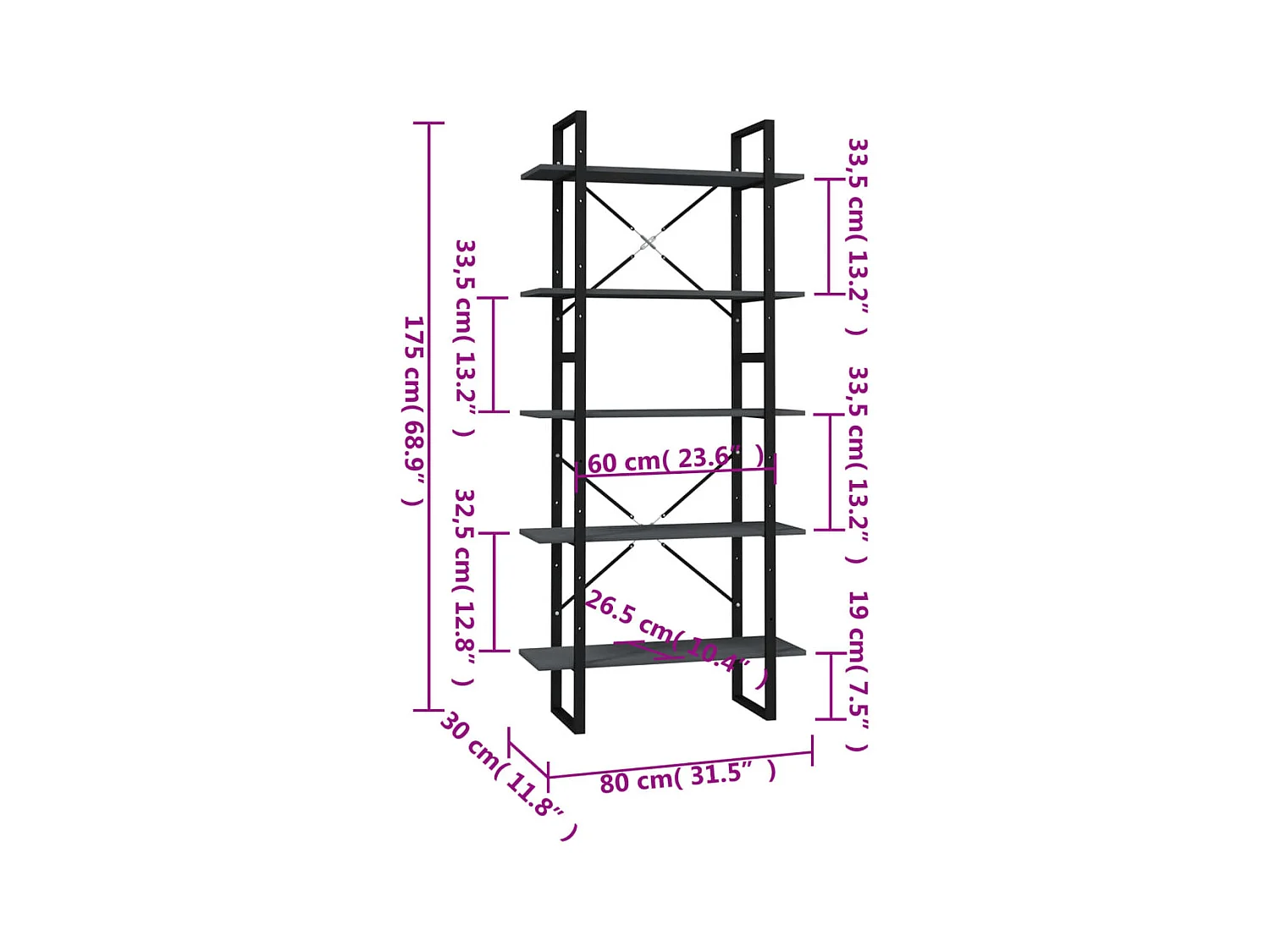 Libreria a 5 ripiani Grigio 80x30x175 cm Legno di pino