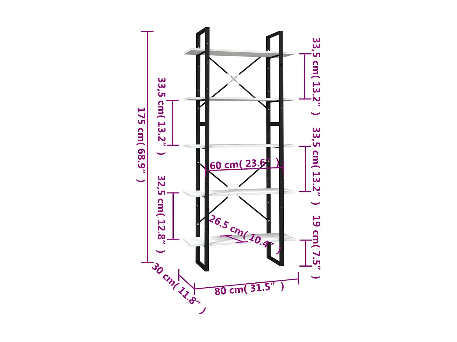 Bibliothèque à 5 niveaux Blanc 80x30x175 cm Bois de pin