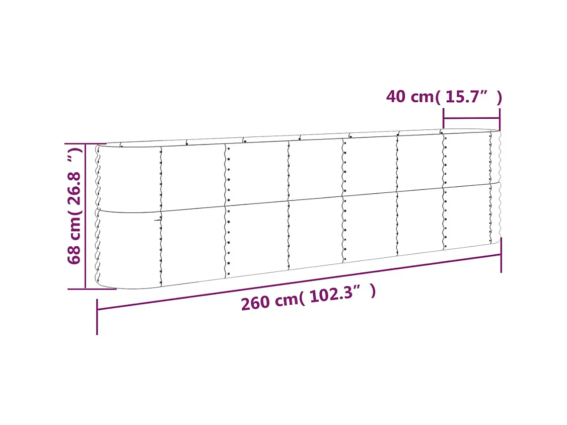 Letto da giardino rialzato in acciaio verniciato a polvere 260x40x68 cm grigio