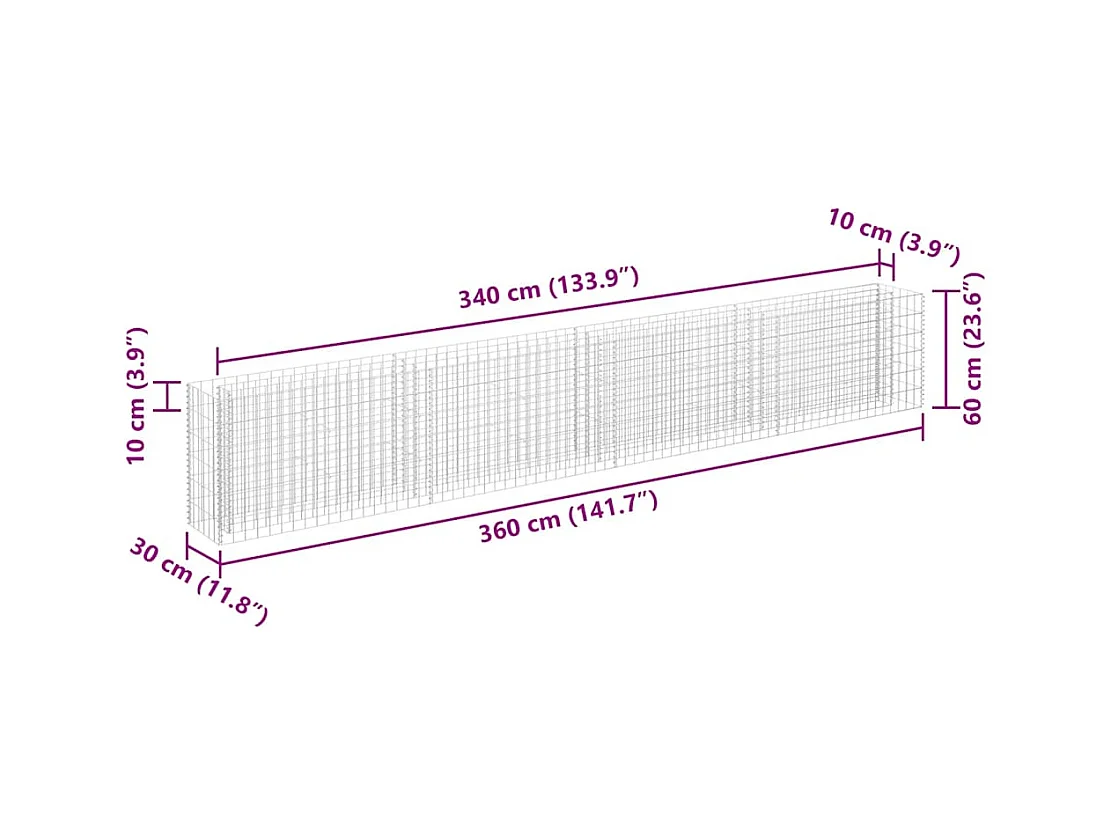 Lit surélevé à gabion Acier galvanisé 360x30x60 cm
