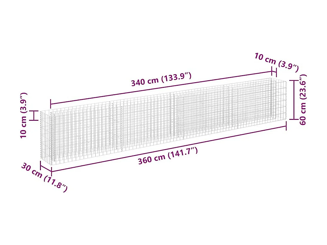 Lit surélevé à gabion Acier galvanisé 360x30x60 cm